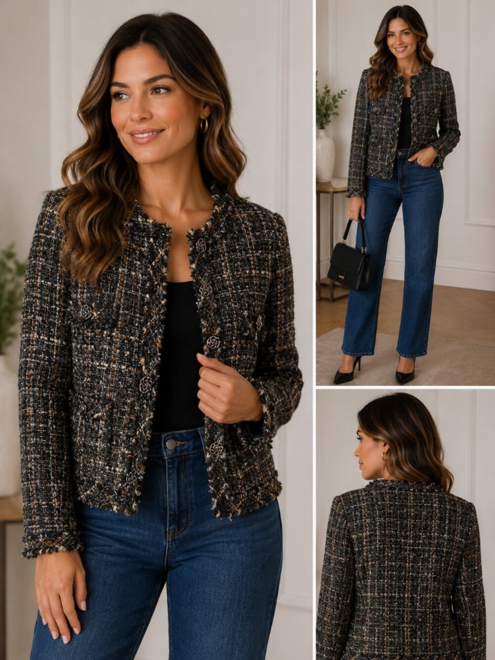 Old Navy Studio Spotlight Tweed Fringe Jacket Black Multicolor Size S fitted